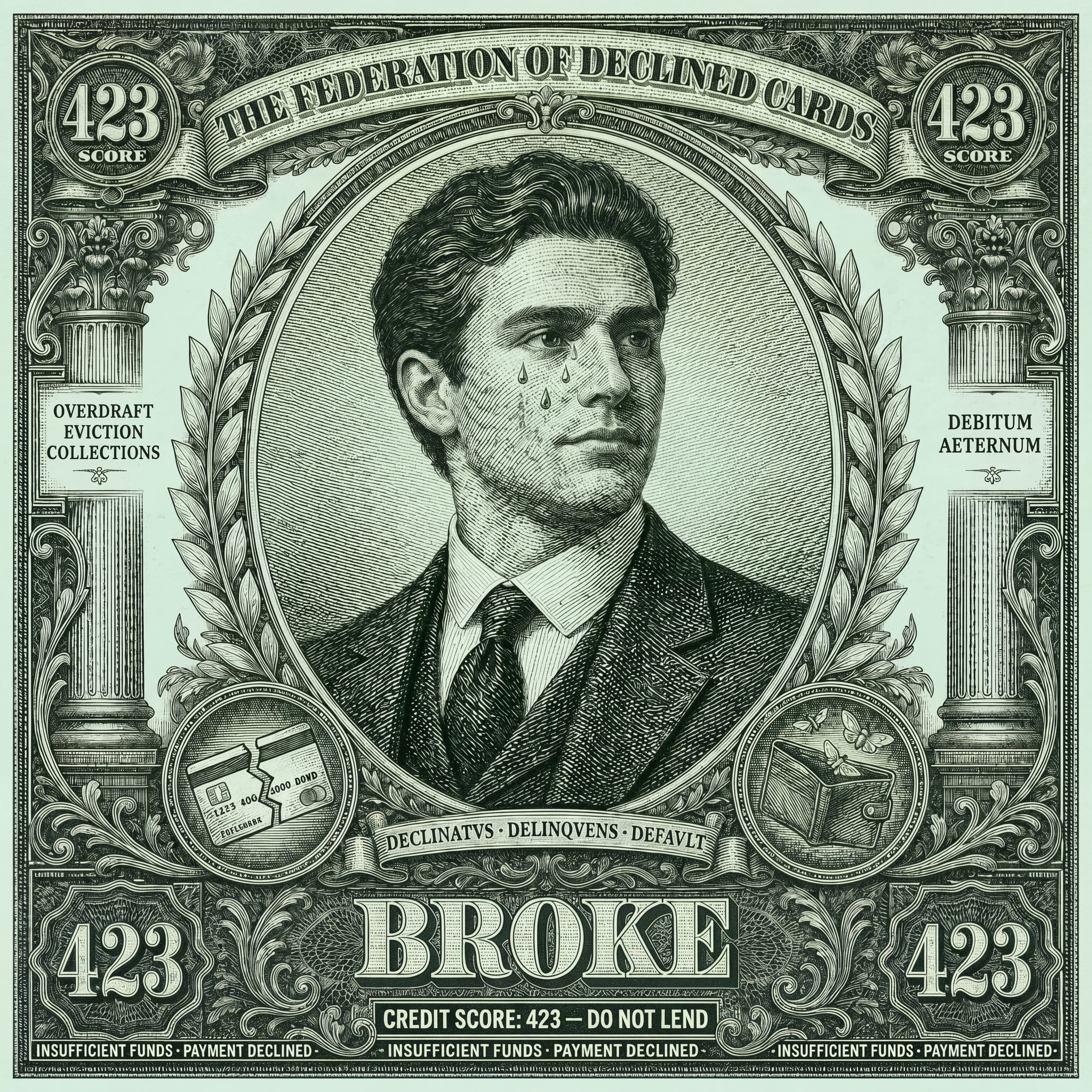 An engraved banknote: a dejected man, credit score 423, the word BROKE