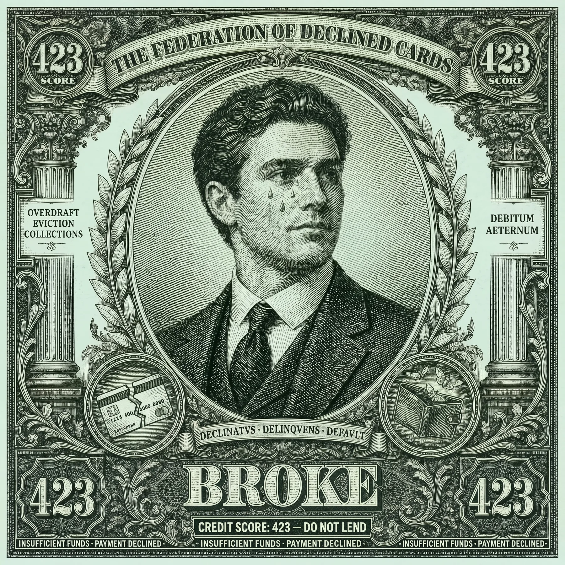 An engraved banknote: a dejected man, credit score 423, the word BROKE