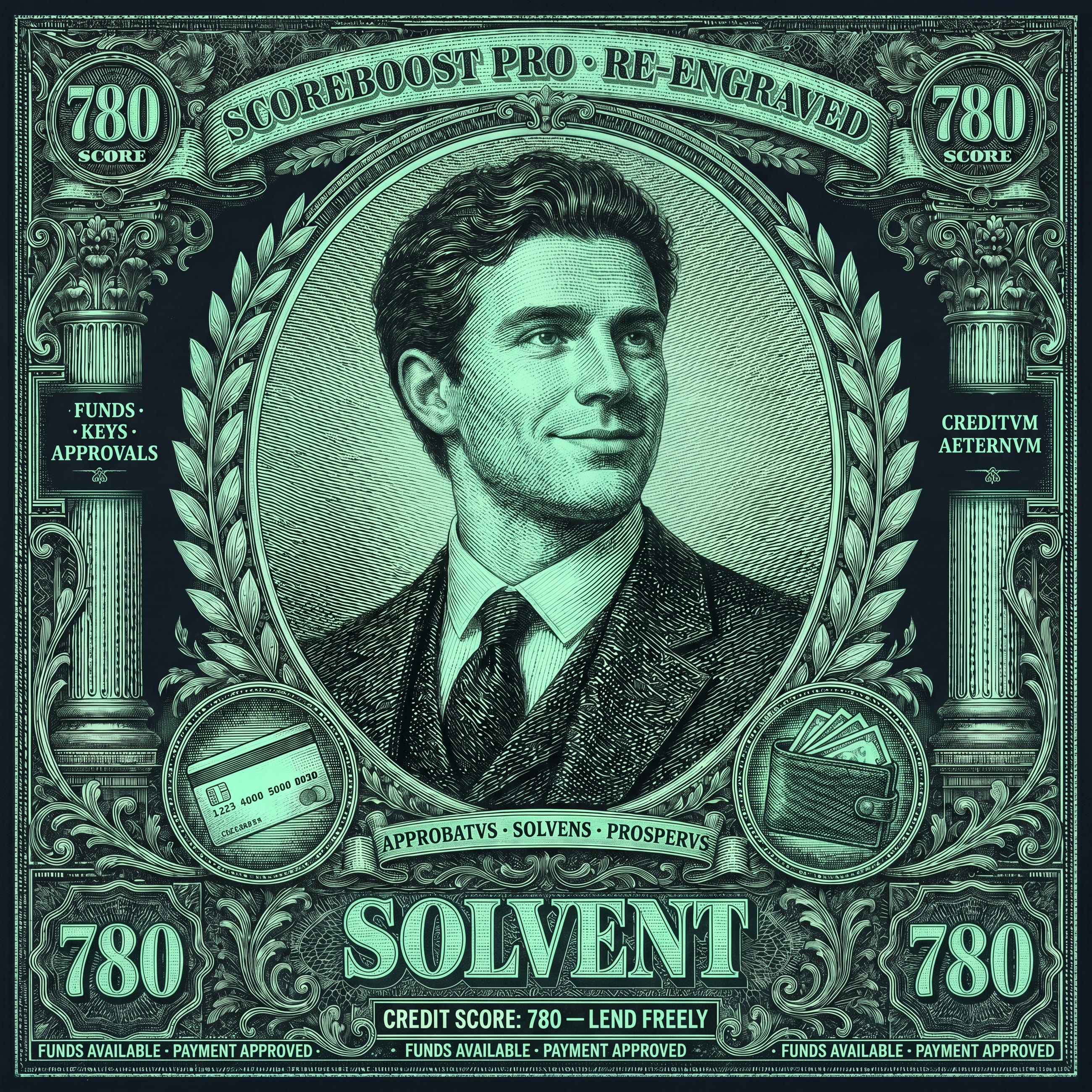 The same banknote re-engraved in mint: the man composed, credit score 780, the word SOLVENT