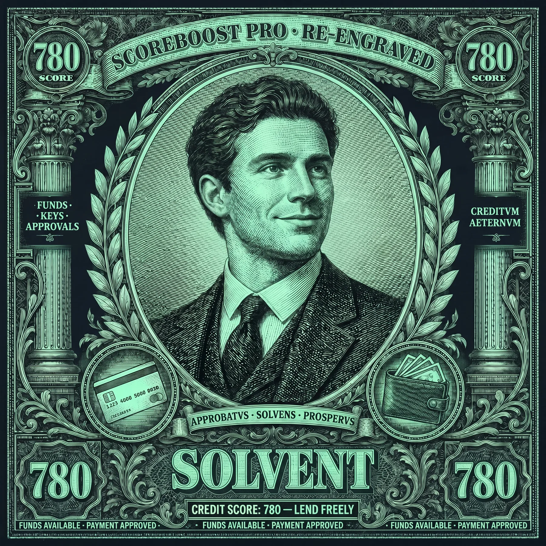 The same banknote re-engraved in mint: the man composed, credit score 780, the word SOLVENT